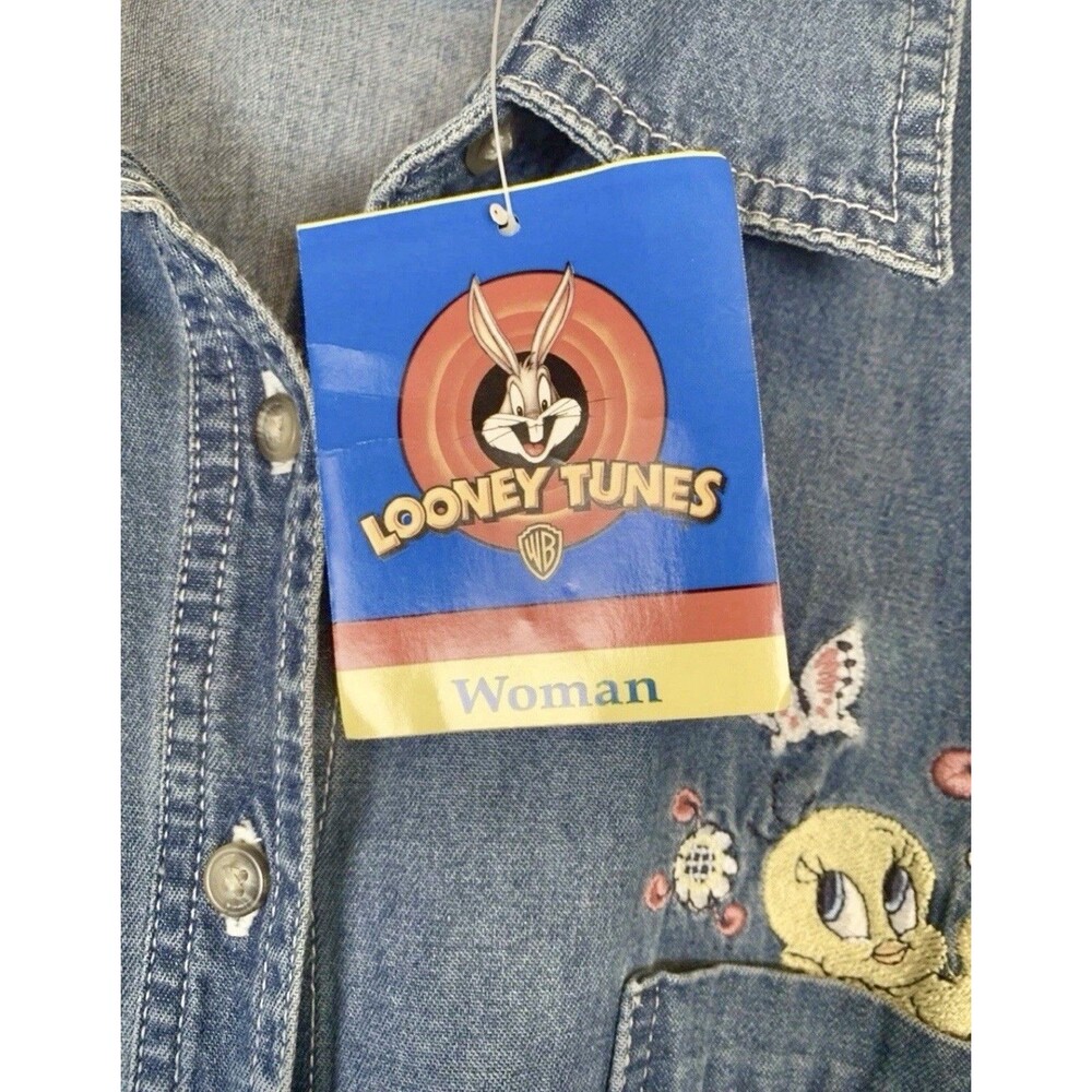 Warner Bro Looney-Tunes 1998 Chambray Embroidered Denim Button Up Shirt 26W/28W - Picture 4 of 10